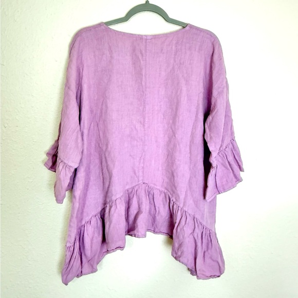 Match Point 100% Linen Bell Sleeve Top High Low small Lagenlook Ruffle Hem - Picture 2 of 8